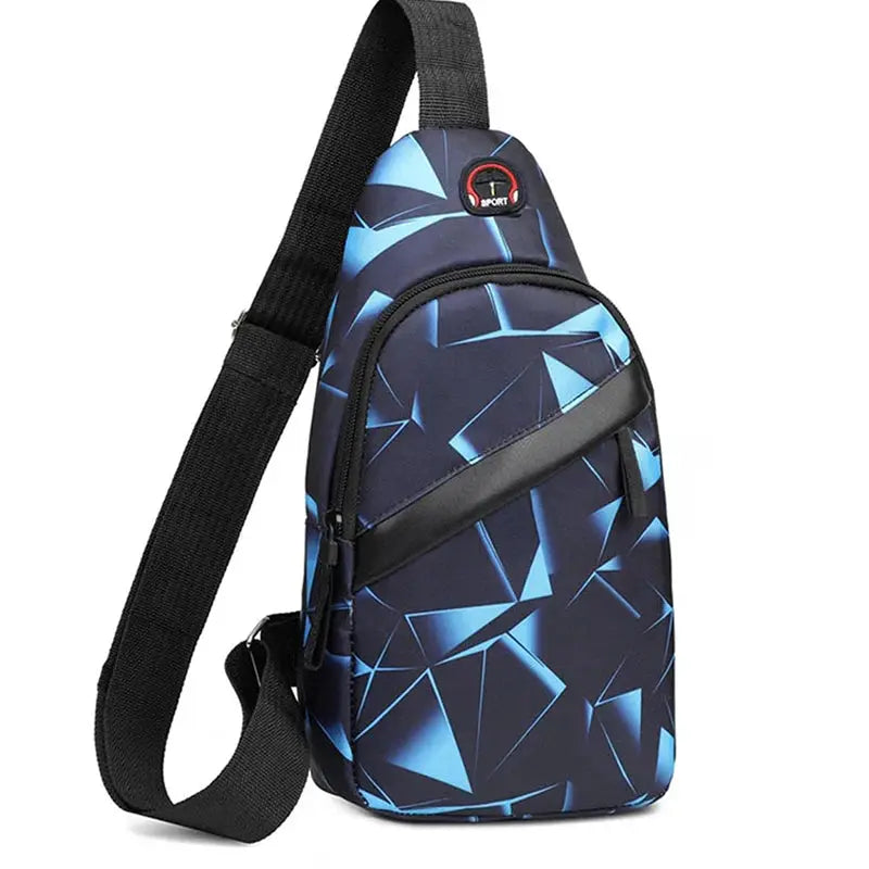 Simples Market Korean chest bag in blue geometric camo print; Oxford cloth crossbody shoulder bag