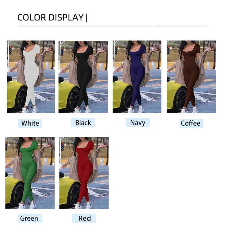 Women's short sleeve solid skinny bodycon romper jumpsuit in white, black, navy, coffee, green, and red
