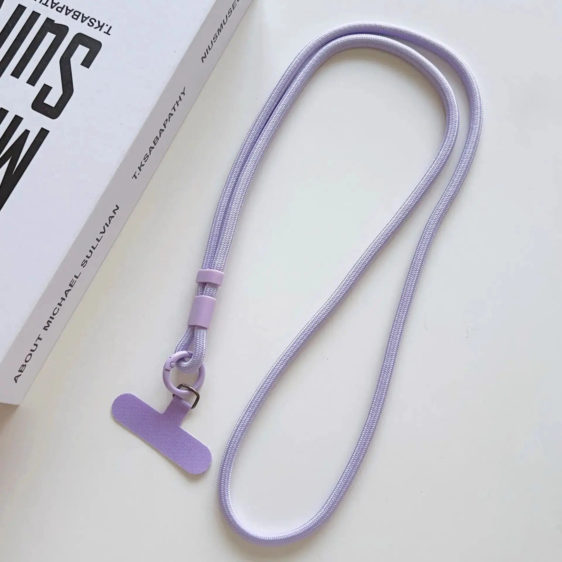 Phone lanyard in lavender braided rope with plastic adjusters and ring, by Simples Market