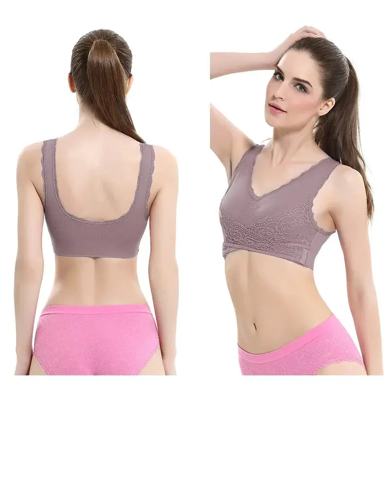 Simples Market mauve lace-trim sports bra, seamless bralette style, front and back views