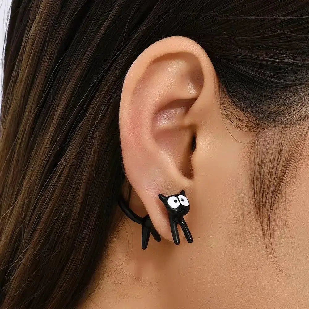 Black cat design stud earrings; zinc alloy, lightweight animal jewelry for women