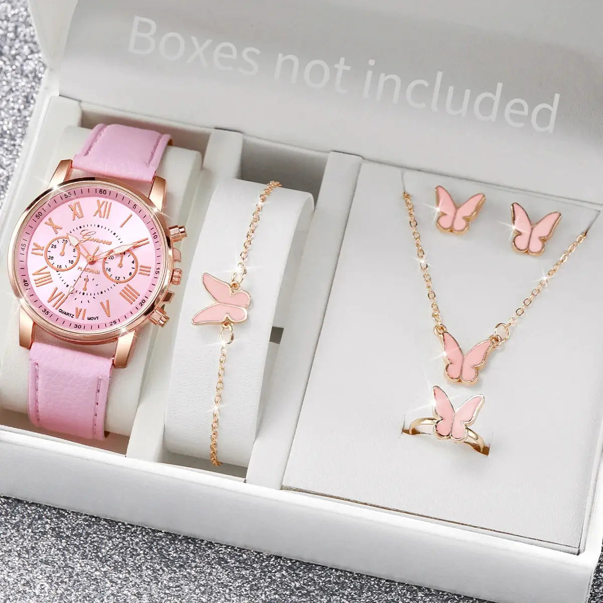 AuroraTime Womens Quartz Watch Leather Band Jewelry Set Heart Rhinestones Accent Analog Roman Numerals