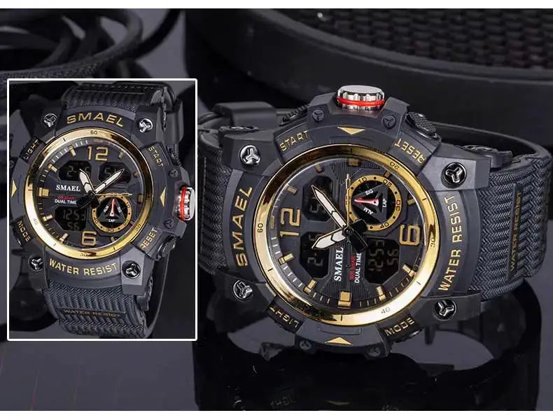 SMAEL sport watches, two black military-style men's wristwatches with gold bezels, dual time display and LED backlight.