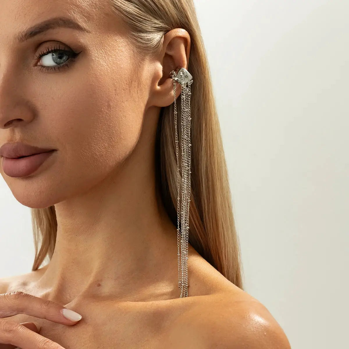 Elegant long tassel ear cuff clip earrings with multi-chain strands in silver-tone metal