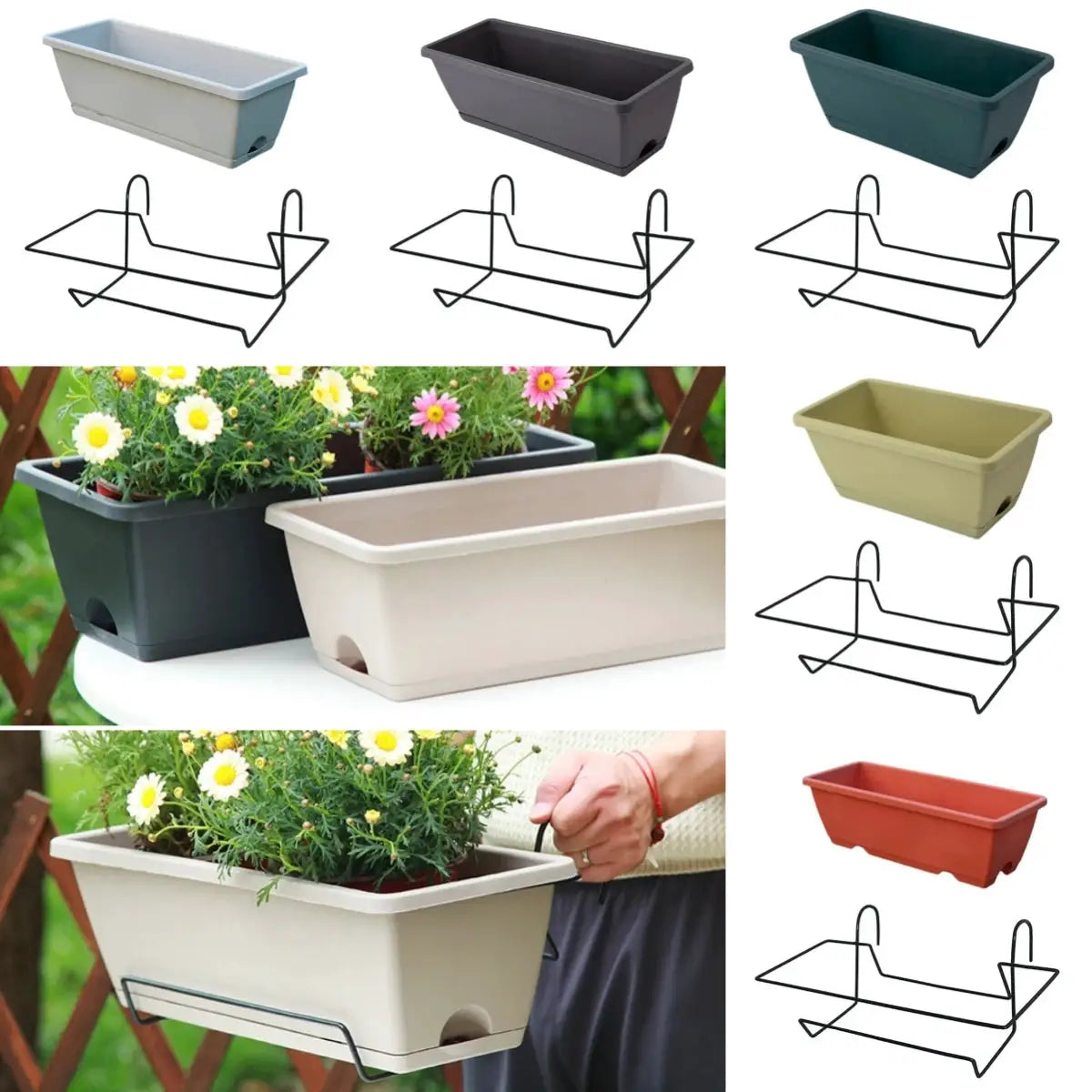 Simples Market balcony planter set with tray and hanging rack; rectangular plastic troughs in assorted colors