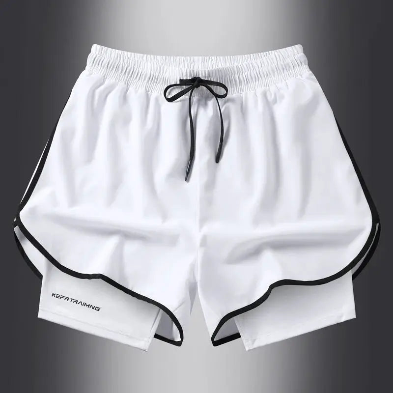 White two-layer running shorts with black piping, adjustable drawstring waist, and visible inner liner.