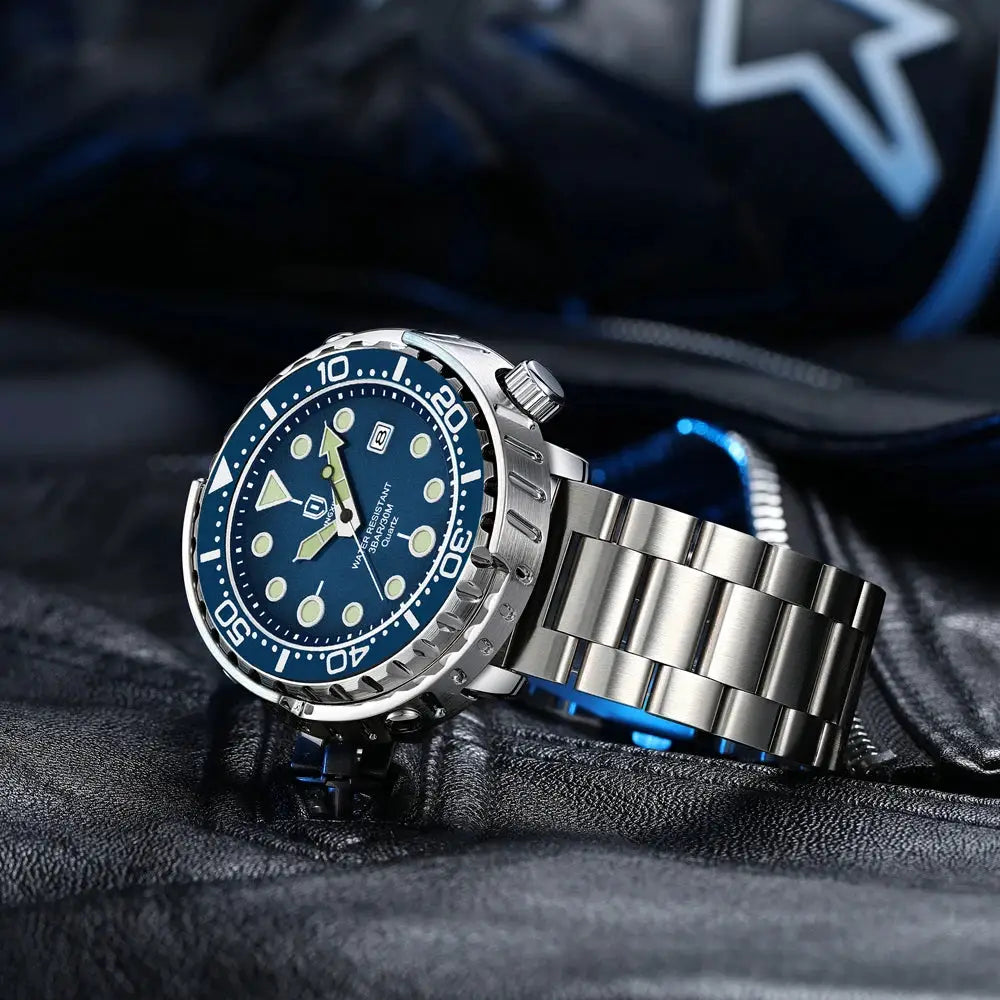 Men's stainless steel luxury sport watch by Simples Market with blue dial, luminous markers, date window