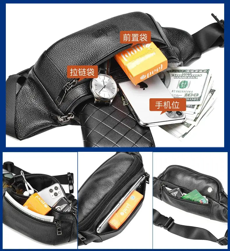Men's genuine leather chest bag by Simples Market, black textured crossbody with multiple pockets.