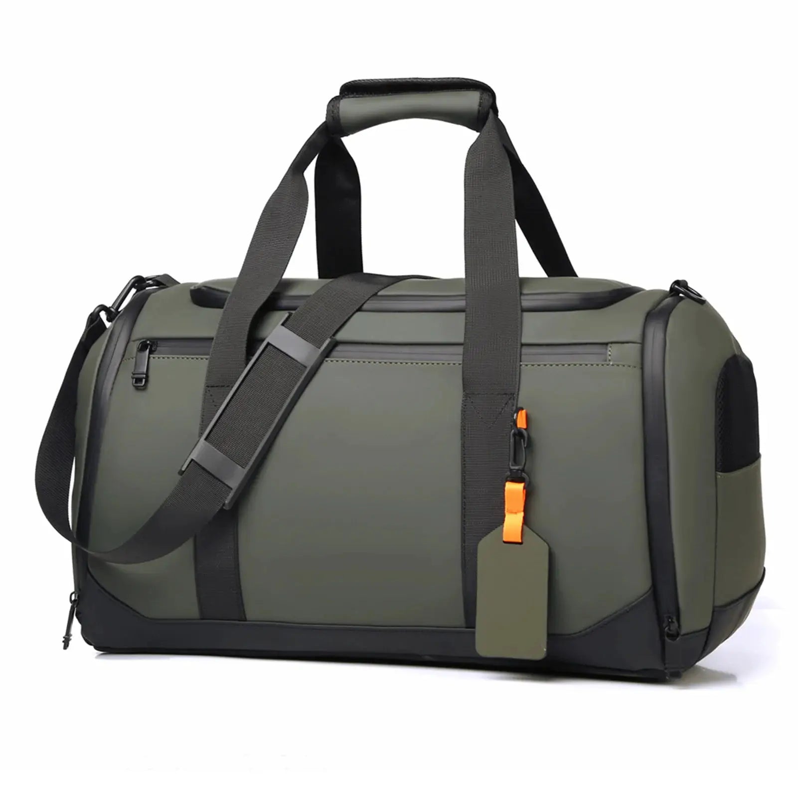 Large-capacity travel tote bag in olive green with multiple pockets and an adjustable strap, unisex gym storage