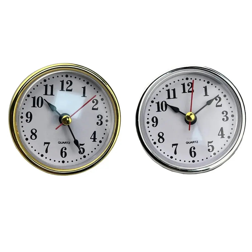 Two 65mm round wall clocks with gold and silver bezels, white dials, black Arabic numerals, quartz movement
