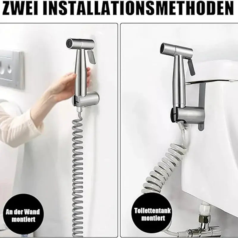 Handheld bidet sprayer kit in stainless steel with 3-way valve and coiled hose; wall-mounted.