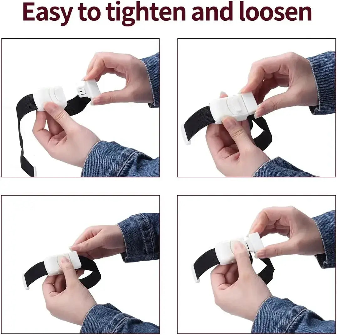 Emergency tourniquet kit with black strap and white buckle, shown in four-step application guide.