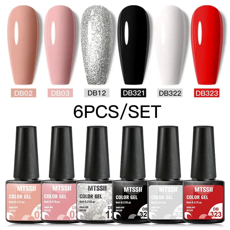Simples Market 6-piece gel nail polish set in nude pink, pink, silver glitter, black, white, red
