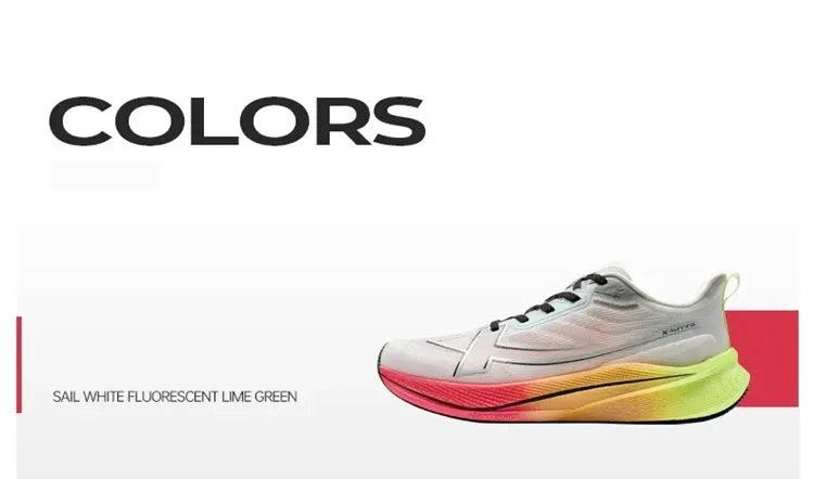 Xtep 2000km 3.0 running shoes for men; sail white with fluorescent lime green, pink yellow green gradient midsole