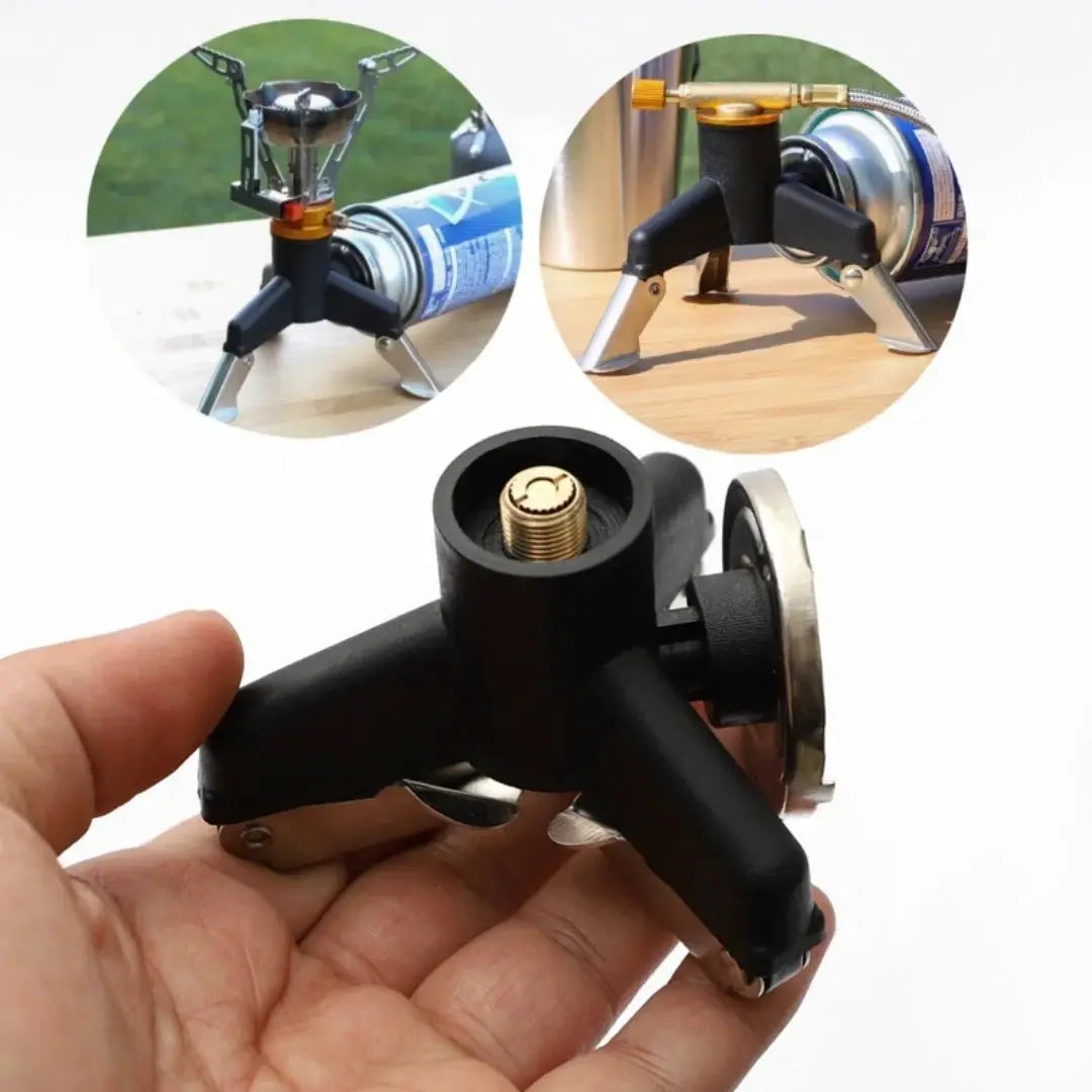 Camping gas stove adapter by Simples Market with black plastic body and brass connector, stainless steel tripod stand