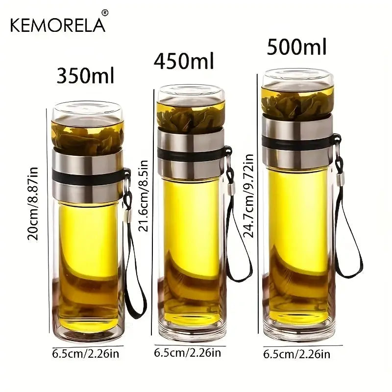 KEMORELA Leakproof Glass Tea Infuser Bottle With Double Wall Insulation And Water Separation Compartment 350ml 450ml 500ml