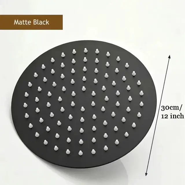 Round matte black waterfall shower head, 12-inch diameter with multiple nozzles for high-flow bathroom use