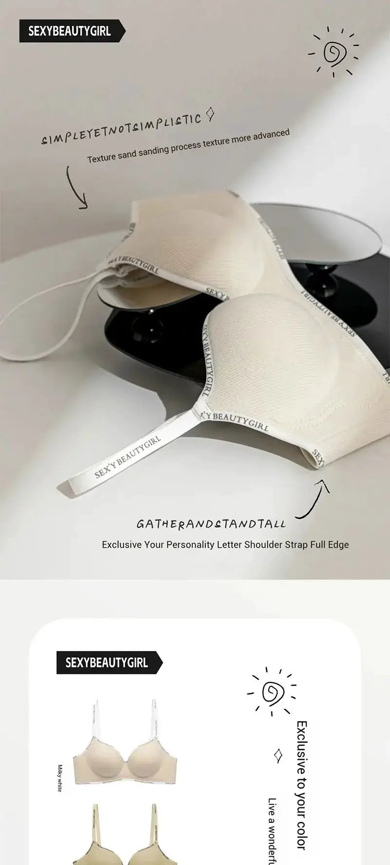 Two beige seamless bras with SEXYBEAUTYGIRL branded straps; everyday lingerie display