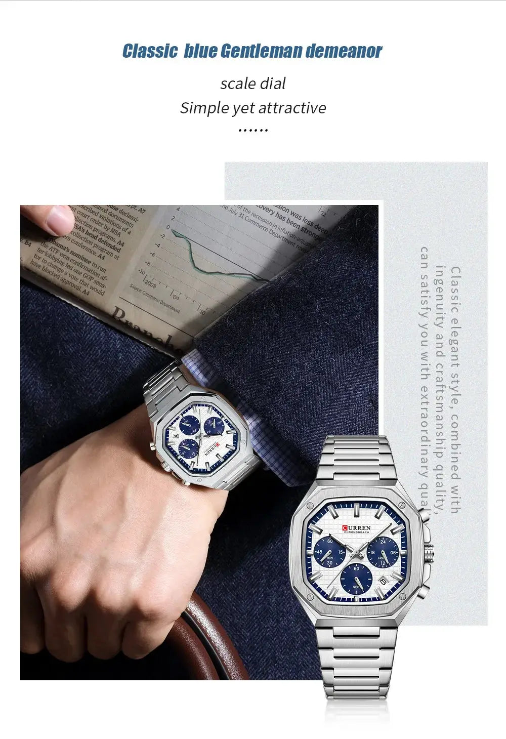 CURREN men's square stainless steel chronograph watch with date, blue dials (2 shown)