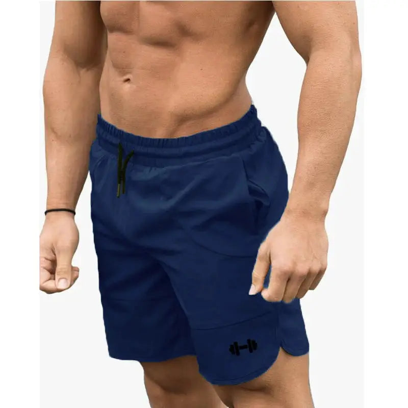 Men's navy gym shorts with drawstring and small weight icon graphic on leg