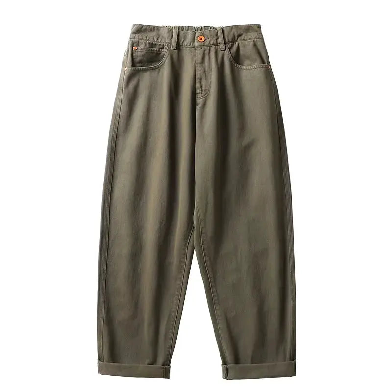 Cargo pants for men in olive green, streetwear straight-leg with cuffed hems.