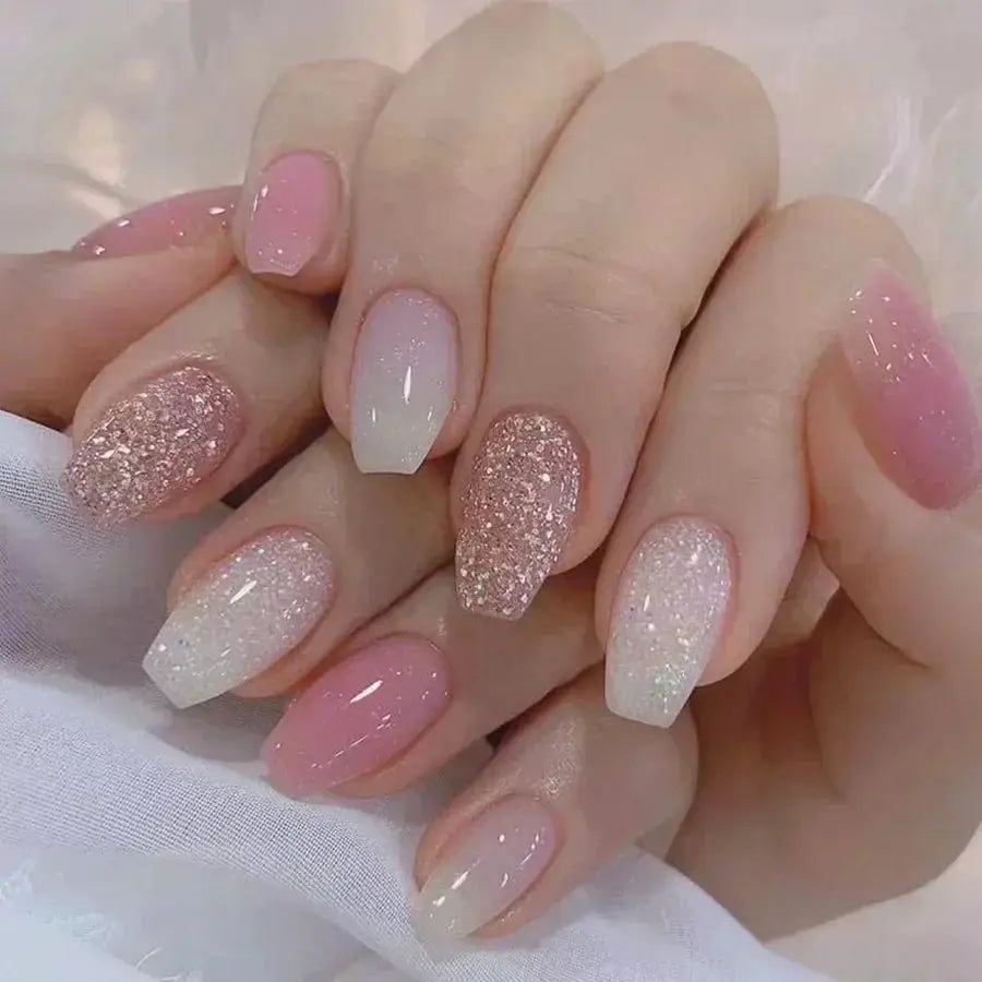 GlamNail Pro 24Pcs Short Square Coffin Press On Nails Set With Glue French Glitter Ballet Style
