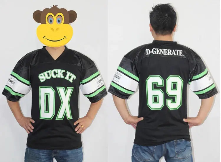 Black DX jersey vest with neon green and white trim; front reads SUCK IT DX, back shows 69 and D-GENERATE.