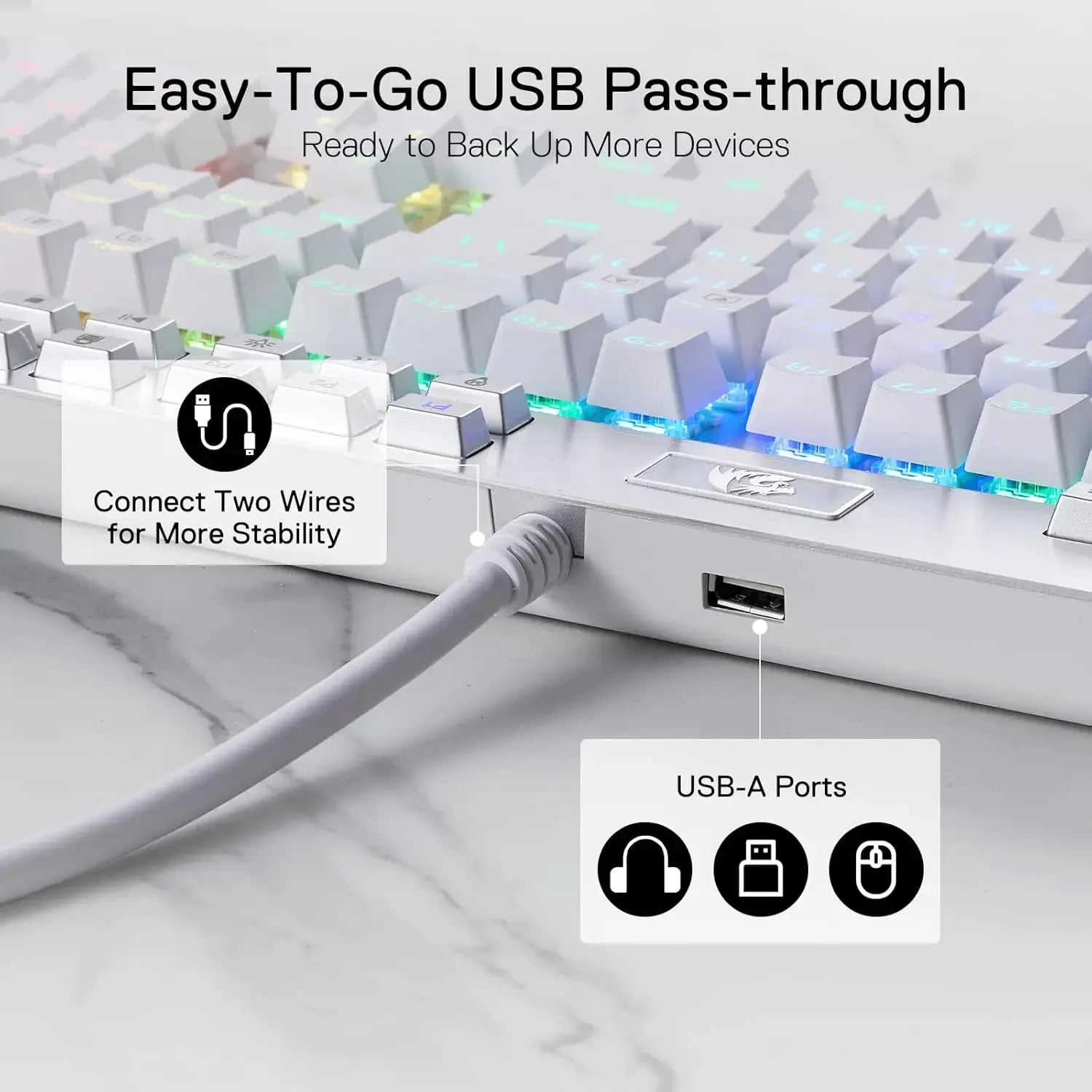 Redragon K550 wired mechanical RGB keyboard with wrist rest, 104 keys + 12 macro G keys, white finish, USB pass-through