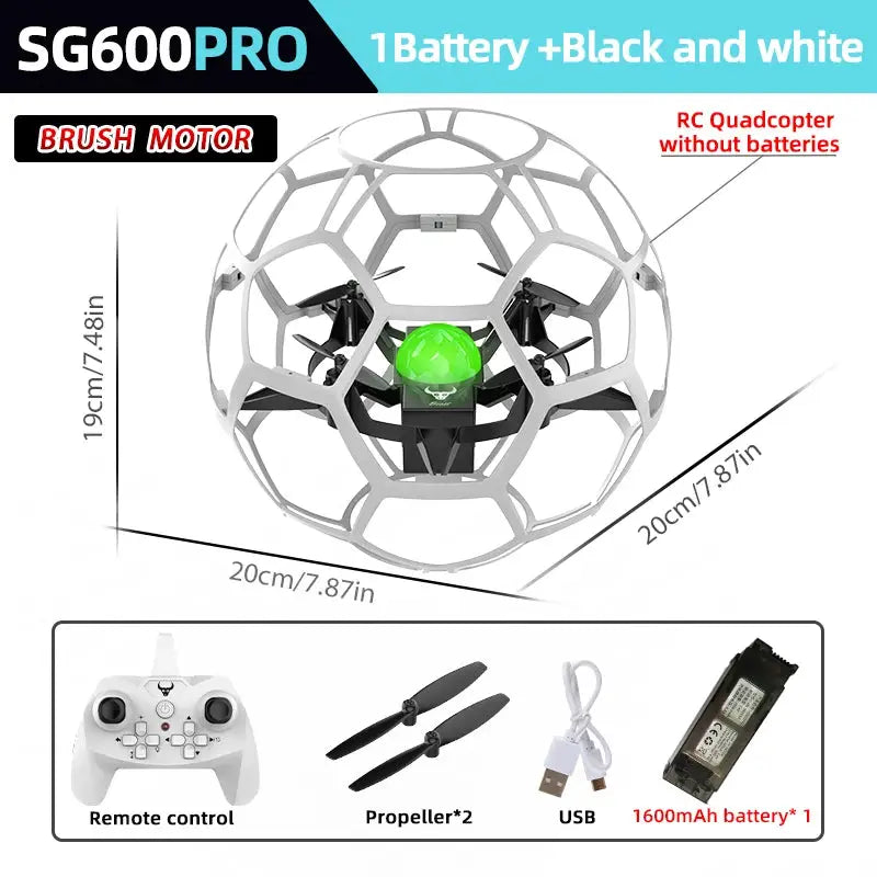 SG600PRO RC football drone with protective lattice cage, remote controller, spare propellers, USB cable and 1600mAh battery.