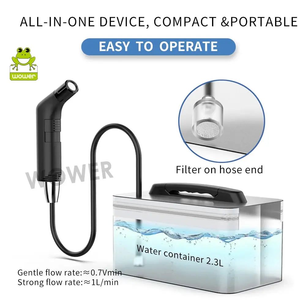 Wower portable black electric bidet sprayer with 2.3L reservoir, rechargeable for travel.