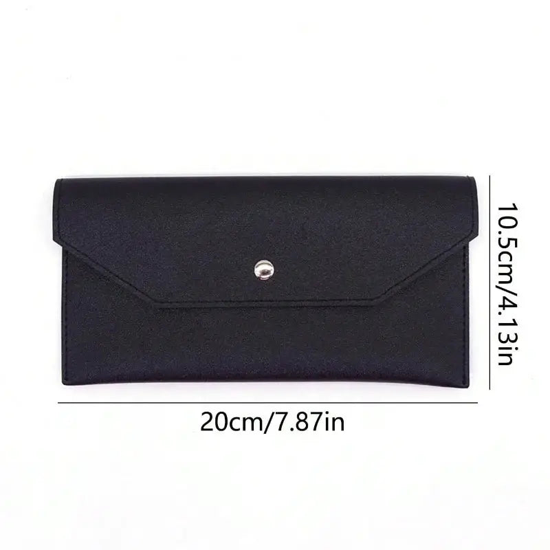 Wallet, black leather envelope-style with snap closure and card slots.