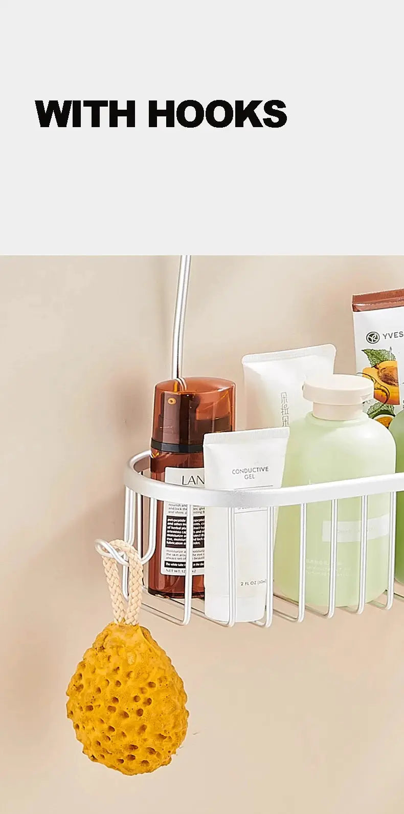 Shower caddy hanging organizer with hooks, white metal rack holding bottles and tubes.