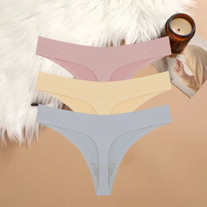 3-pack G-string underwear set, breathable seamless low-waist T-back panties in pink, beige, and blue (S–XL)