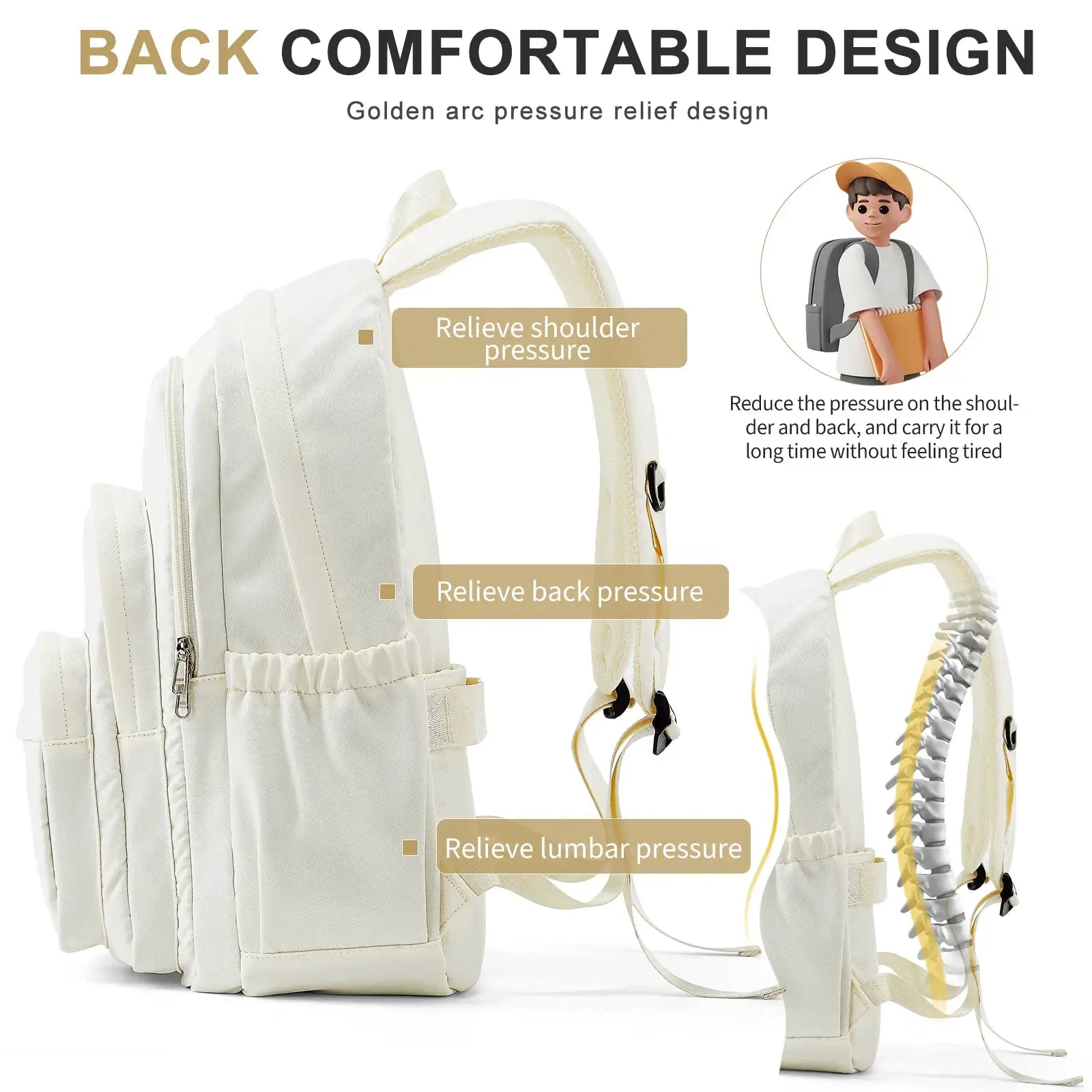 Two cream-colored multipocket school backpacks for kids and teens; lightweight, padded straps for comfort