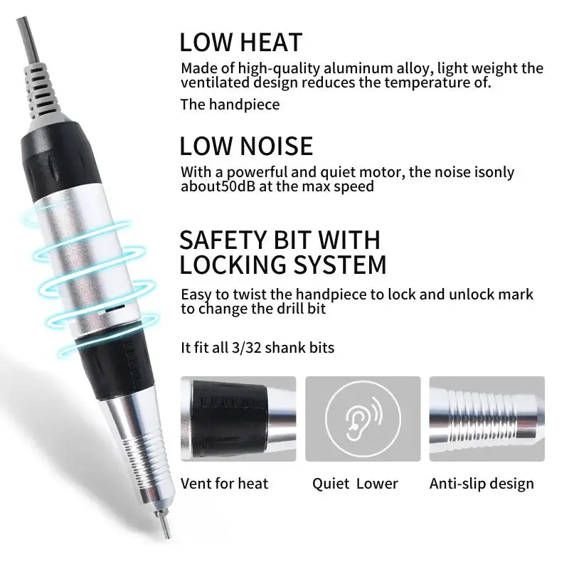 Electric nail drill handpiece, with silver metal body and black grip, features low heat, low noise, locking bit.