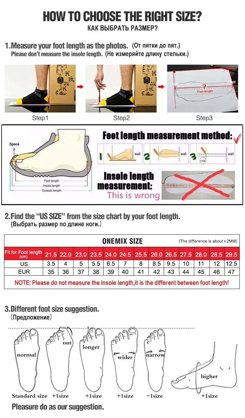 ONEMIX New Marathon Carbon Plate running shoes size guide poster with foot-length measurement steps and size chart