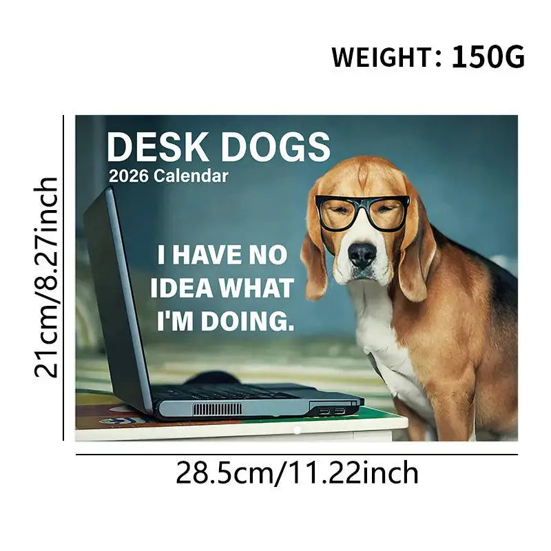 Desk Dogs 2026 Calendar by Simples Market; beagle wearing glasses beside a laptop