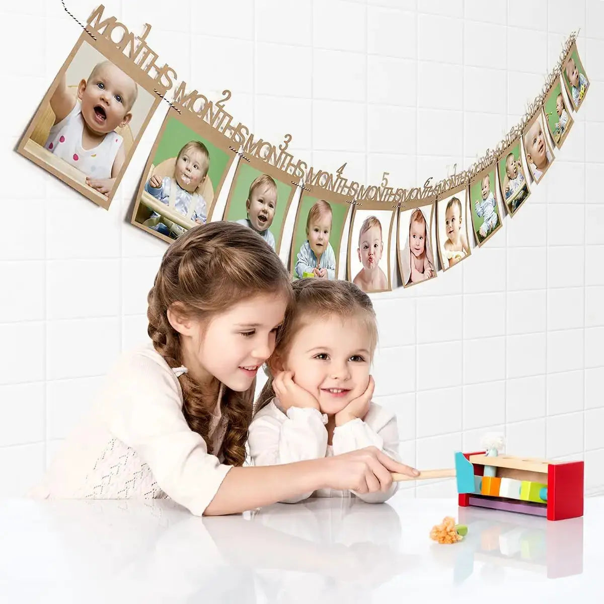 Kraft Paper Baby Growth Record Banner 1 To 12 Months Photo Clips First Birthday Party Decoration For Boy Or Girl