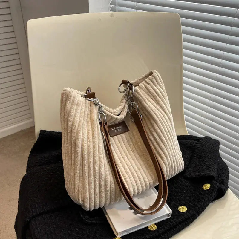 Women corduroy shoulder bag, cream color with fixed brown leather shoulder strap, large-capacity Simples Market handbag