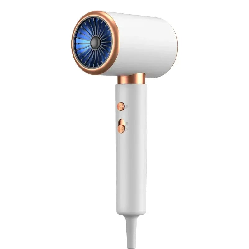 Simples Market HOMEFISH 2000W hair dryer; white body with rose-gold accents and blue fan, without comb.