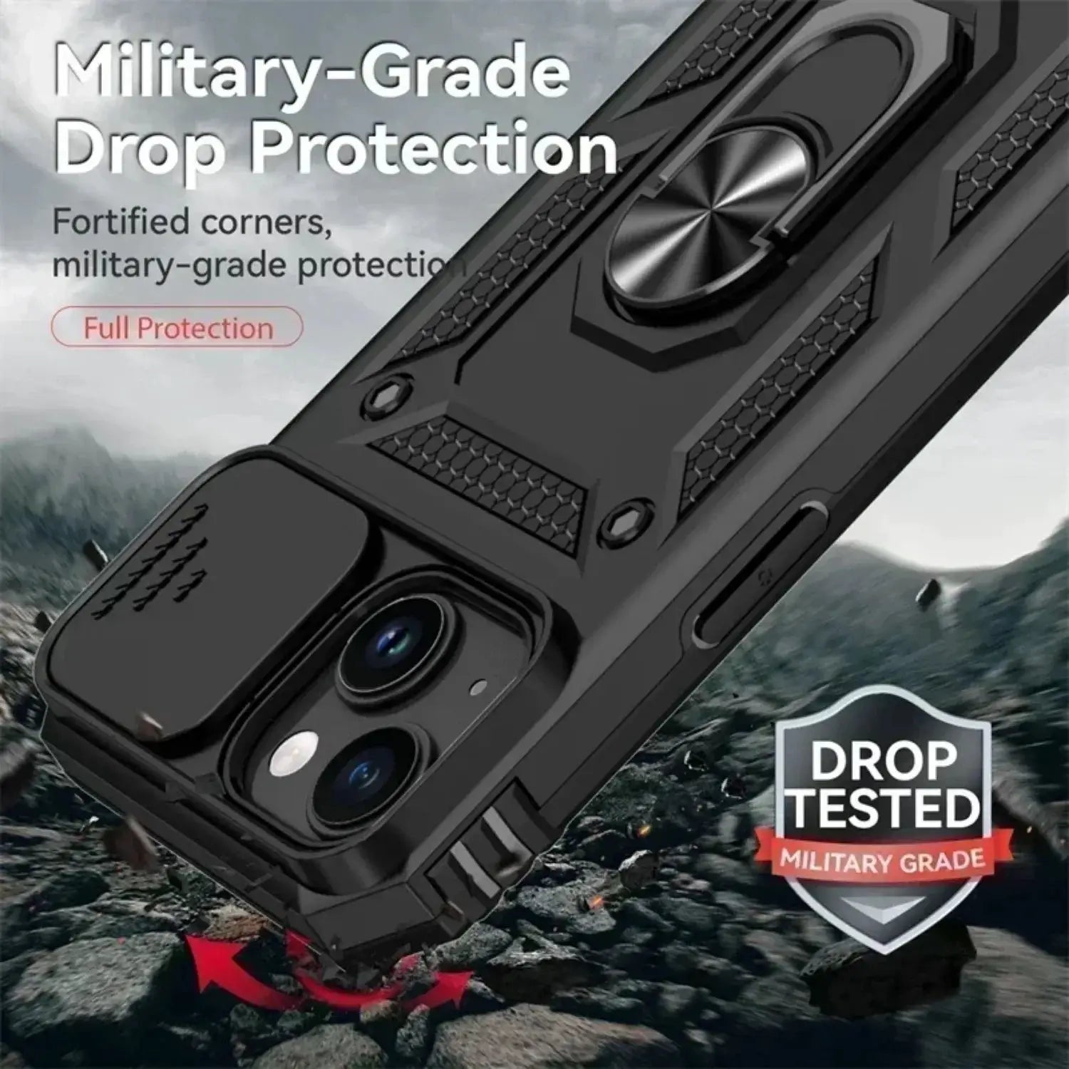 Simples Market black ring-stand rotating rugged armor case for iPhone with military-grade drop protection