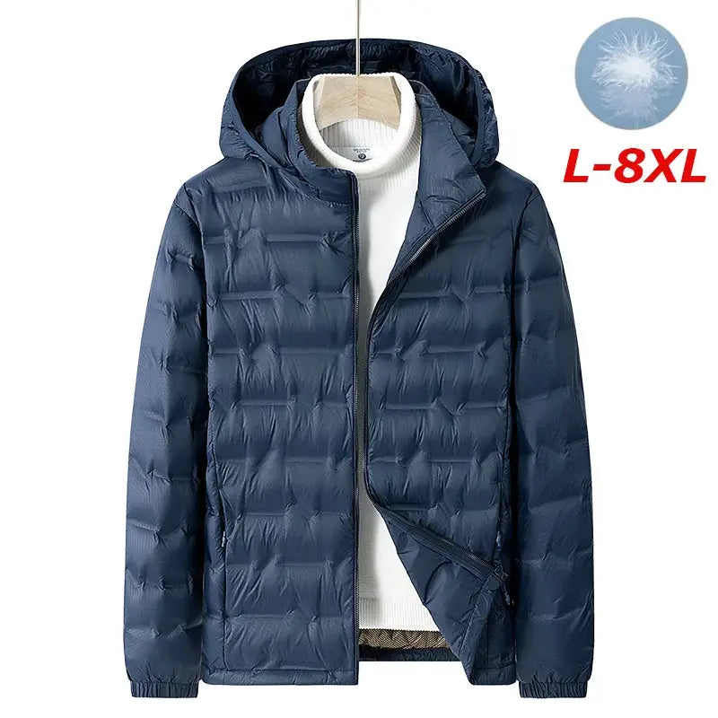 Simples Market men's navy blue hooded down jacket for winter with front zipper