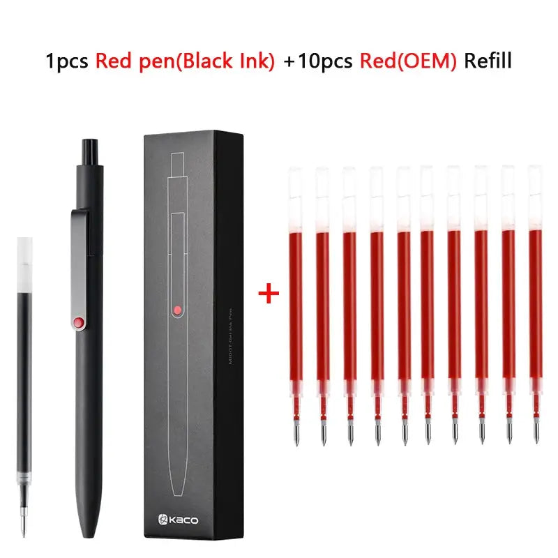 KACO 0.5mm MIDOT gel ink pen with black ink; includes 10 red OEM refills and box