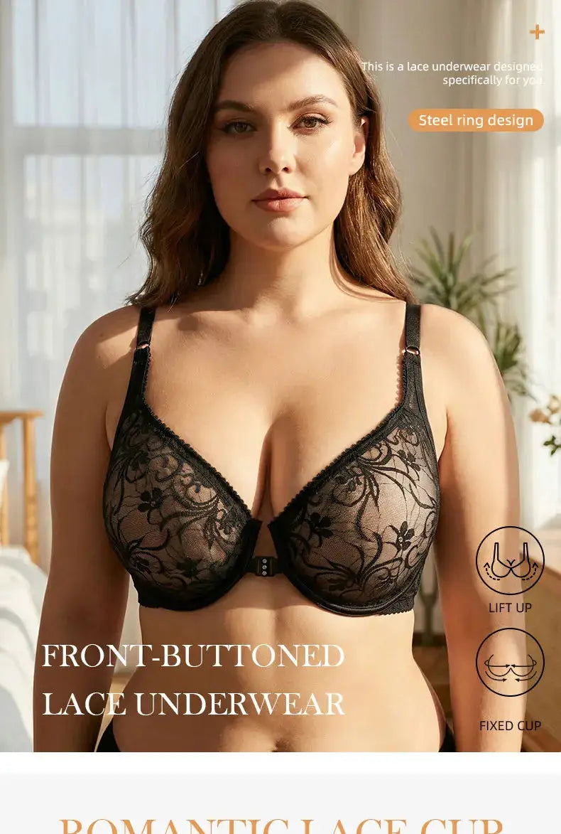 Front-buttoned black lace bra with sheer floral pattern and underwire, plus-size.