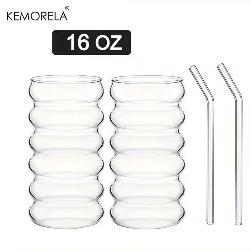 500ML Wave Shape Beverage Glasses With Straws Vintage Ripple Glass Cups For Wine Champagne Cocktails Milk Juice