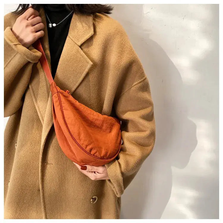 Orange nylon hobo crossbody bag for women with shoulder strap
