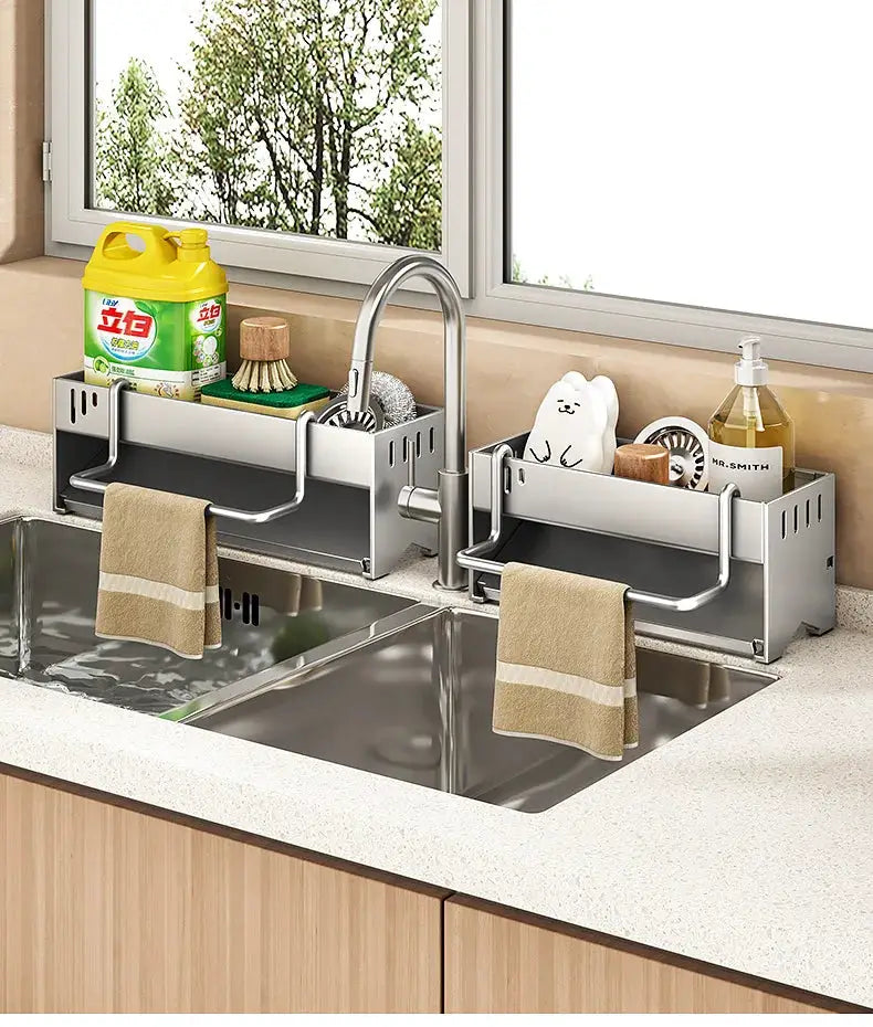 Simples Market stainless steel kitchen sponge rack set for double sink with towel bars and soap bottle storage