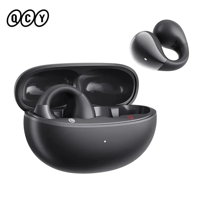 QCY Crossky C30 open-ear wireless earbuds in black charging case, two earbuds shown with QCY logo