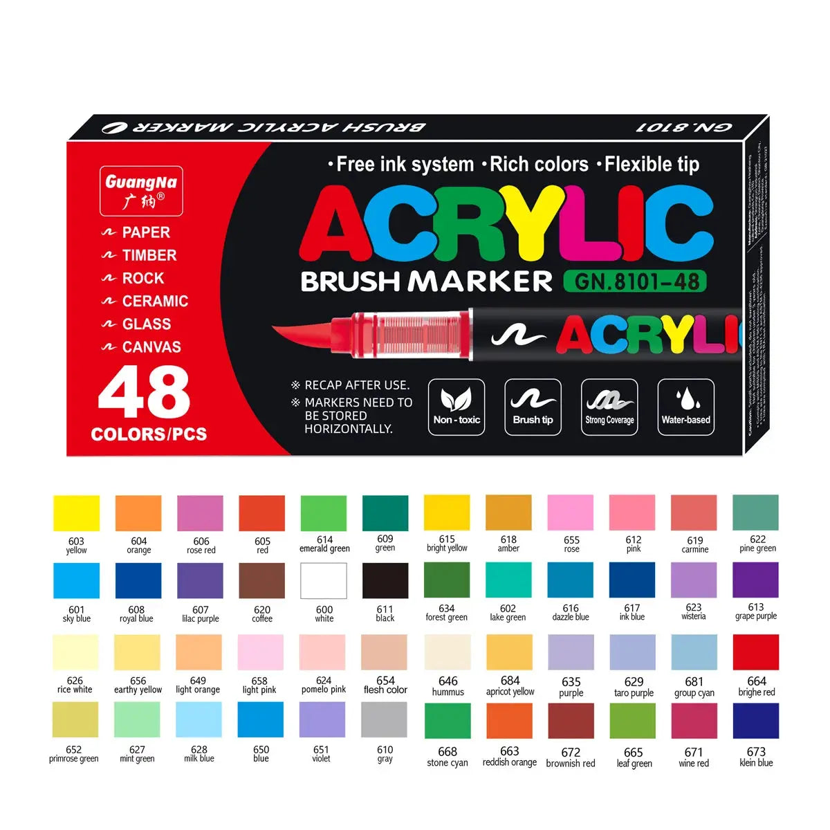 Acrylic brush marker set, 48 colors, GuangNa brand, water-based with brush-tip markers
