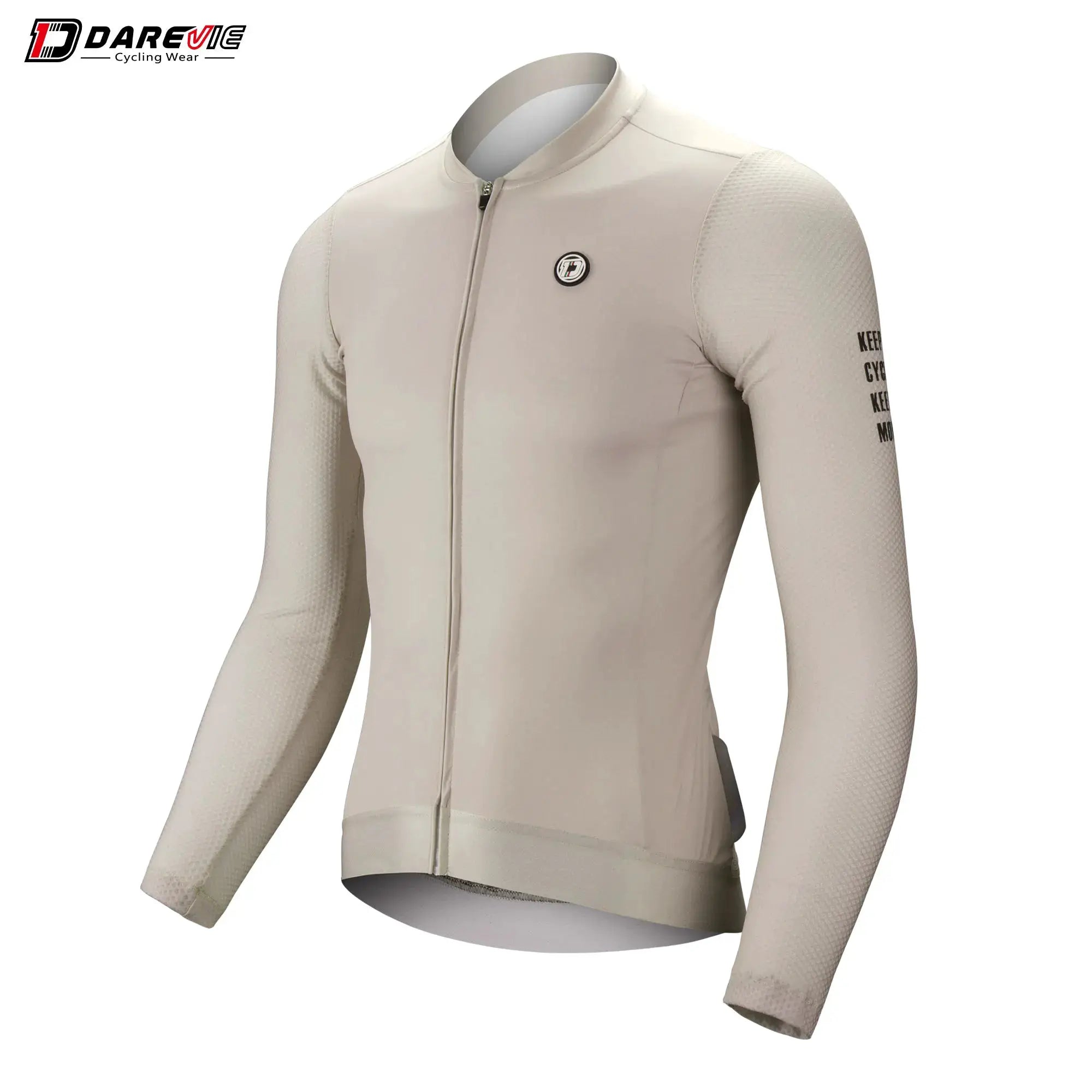 DAREVIE cycling jersey long sleeves in beige with chest logo, breathable SPF 50+